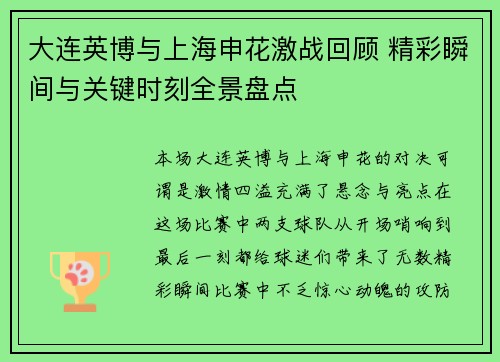 大连英博与上海申花激战回顾 精彩瞬间与关键时刻全景盘点